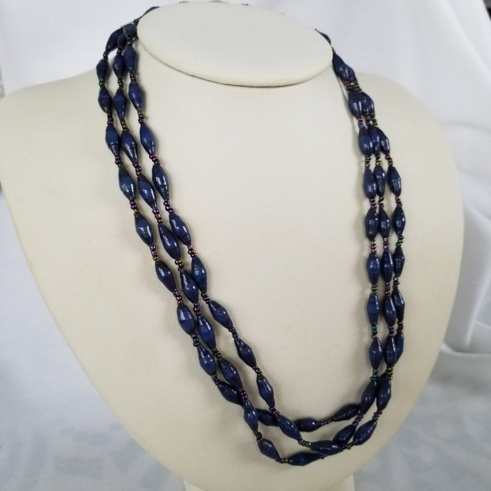 Navy Blue Paper Beads Necklace with Madri Gras Seed Beads 18"